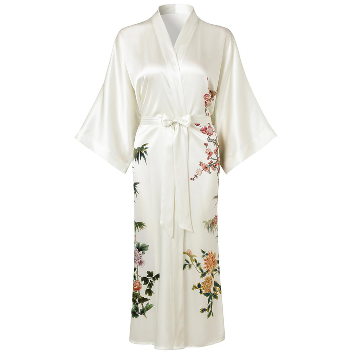 Шовковий халат-кімоно Ledamon для жінок, 100% шовк, довгий, квітковий дизайн, нічний халат (універсальний розмір, слонова кістка)