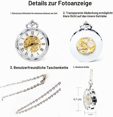 Чоловічий кишеньковий механічний годинник BOSHIYA Vintage Steampunk: скелетон, ручний завод, з підсвіткою та ланцюжком (Сріблястий)