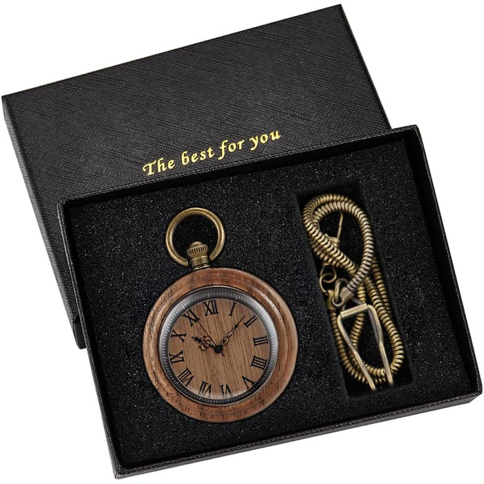 Вінтажний кишеньковий годинник Tiong з натурального бамбукового дерева, кварцовий механізм, ручна робота, темно-коричневий, з ланцюжком та подарунковою коробкою