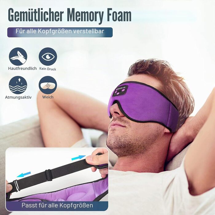 Bluetooth-маска для сну Schlafkopfhörer з 3D-ефектом та HD-стереодинаміками, регульована маска для сну та медитації, підходить для сну на боці, подорожей та йоги (Фіолетова)