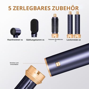 Мультистайлер для волосся 5 в 1 UKLISS Airstyler: фен, вирівнювач, гофре та круглі щітки для укладки, чорний з синім