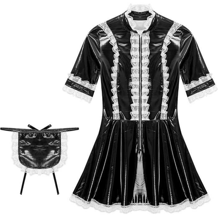 Костюм покоївки Freebily: чорне мереживо, шкіра, мереживний фартух, костюм для карнавалу та Хелловін (XXL)
