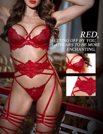 Сексуальний жіночий комплект спідньої білизни з мережива: бюстгальтер та труси з поясом (вишневий, 85C)