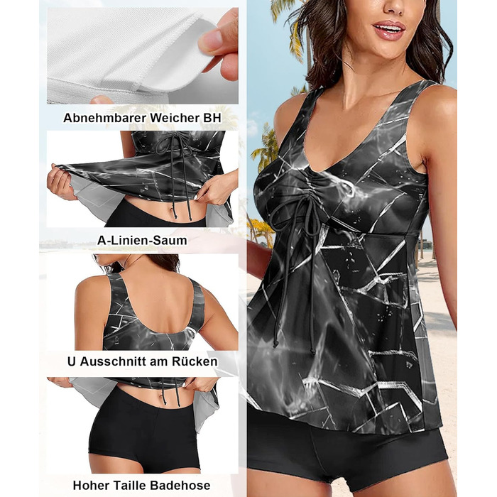 Танкіні жіночий купальник з високою талією, Push Up верхня частина з плавками, комплект двокомпонентний, літній принт, купальники для жінок, пляж, відпустка, дозвілля (Сірий море, M)