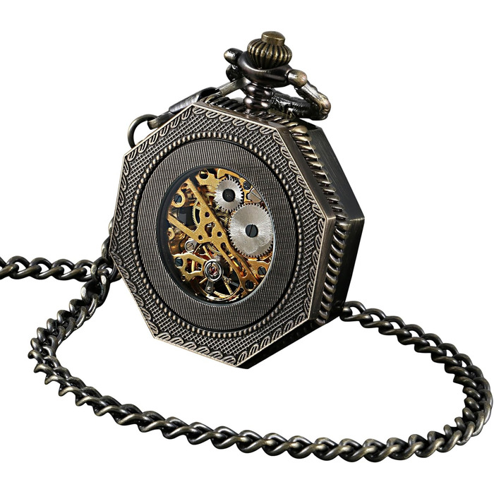 Чоловічий кишеньковий годинник ShoppeWatch з ланцюжком, механічний з ручним заводом, вінтажний стиль стімпанк (бронза), аксесуар для костюма 1920-х років