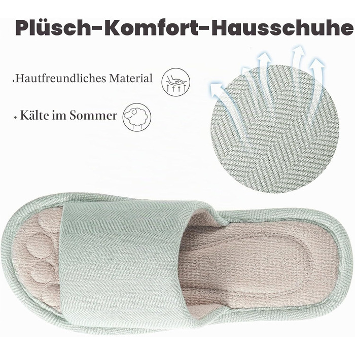 Унісекс домашні капці Dokela з ефектом пам'яті (Memory Foam), дихаючі бавовняні тапочки відкриті, протиковзкі, літні (розмір 35/36 EU, колір зелений)