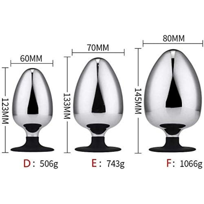 Анальні масажери з металу - набори для БДСМ, різні розміри (60, 70, 80 мм), з присоскою
