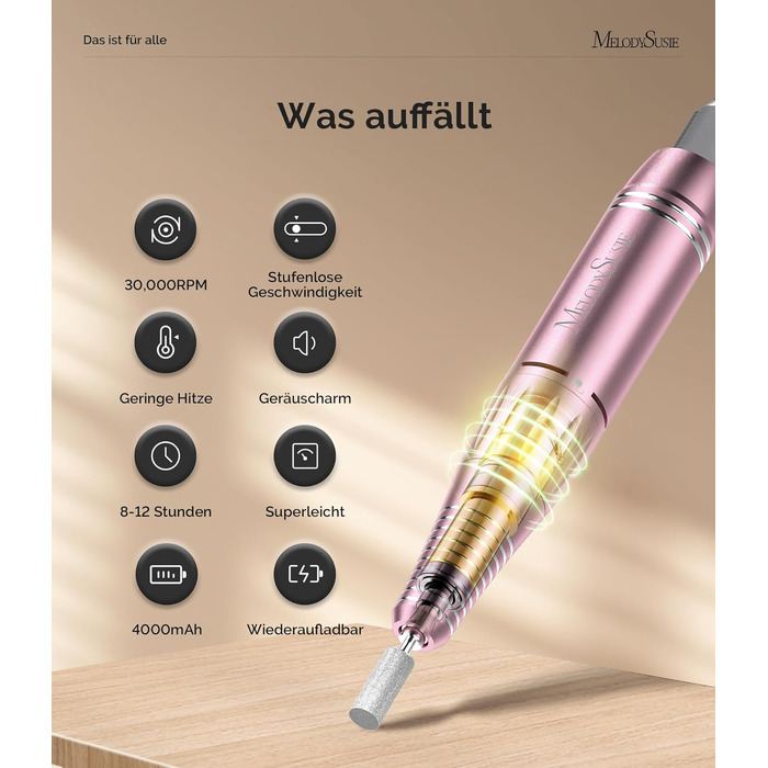 Акумуляторний електричний апарат для манікюру та педикюру MelodySusie SC300F, 30000 об/хв, з LCD-дисплеєм, для гель-лаків та акрилу, рожевий