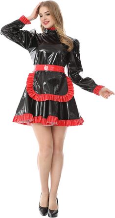 Костюм горничної JOLINE з високим коміром з ПВХ шкіри, чорний, XXL. Костюм для перевдягання, французький стиль