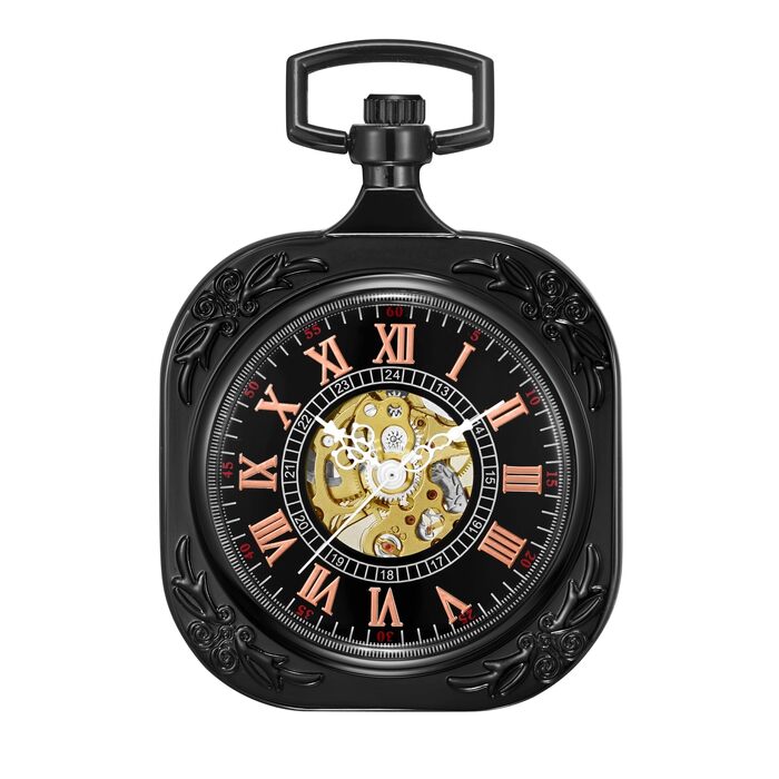 Механічний кишеньковий годинник ShoppeWatch з ланцюжком для чоловіків, ручний завод, прозорий циферблат у стилі стімпанк, чорний