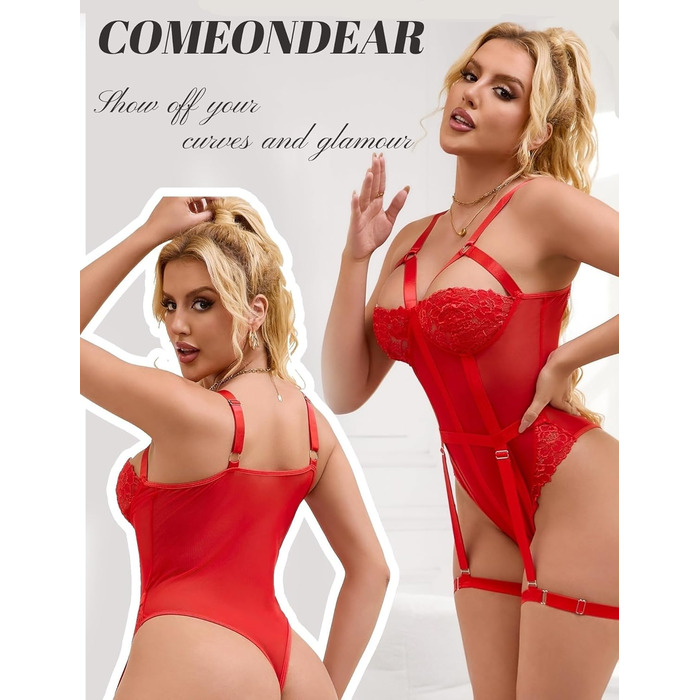 Комплект жіночої білизни Comeondear з мереживом та бретельками, боді, Teddy, великі розміри (XL-XXL, червоний)