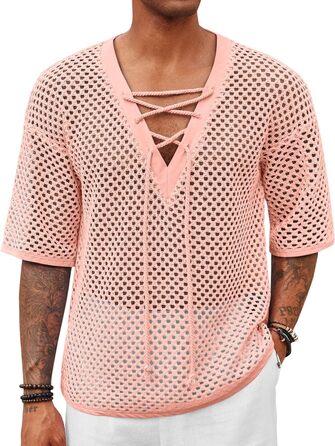Чоловіча пляжна сорочка Runcati з шнурівкою, V-подібний виріз, в'язана, мереживна, прозора, літня сорочка (Рожева, L)