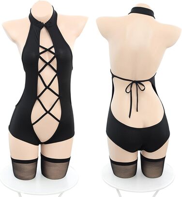 Японський жіночий купальник YOMORIO в стилі аніме, з вирізом, Чеонгсам, косплей, комбінезон, універсальний розмір, білий (універсальний розмір, чорний)