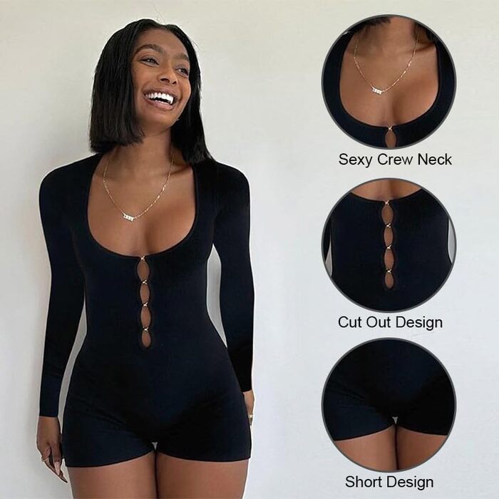 Комбінезон жіночий Hanaoops, короткий, облягаючий, з довгим рукавом, йога-комбінезон, вирізи, круглий виріз горловини, бодікон, еластичний, безшовний, чорний