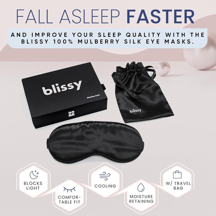 Шовкова маска для сну Blissy — маска для очей з натурального шовку mulberry 22 моммі для повного затемнення, унісекс, чорна