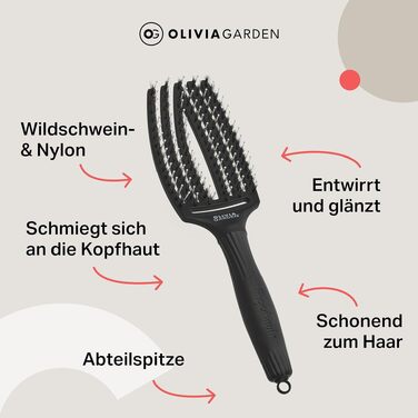 Іонізуюча щітка для волосся Olivia Garden Fingerbrush Combo (середня, 6 рядів) для сушіння, вирівнювання та догляду за середнім та довгим волоссям, з щетиною кабана та антистатичним нейлоном