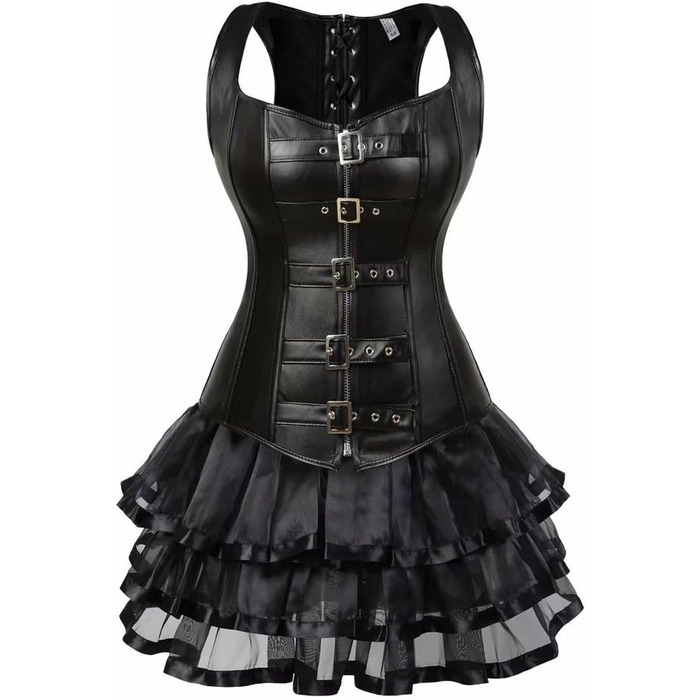 Сукня-корсет у стилі стимпанк з корсажем, шкіряна, з спідницею-тьюль, для жінок, з бретелями, елегантна, бурлеск, сексуальна, чорна, XXL