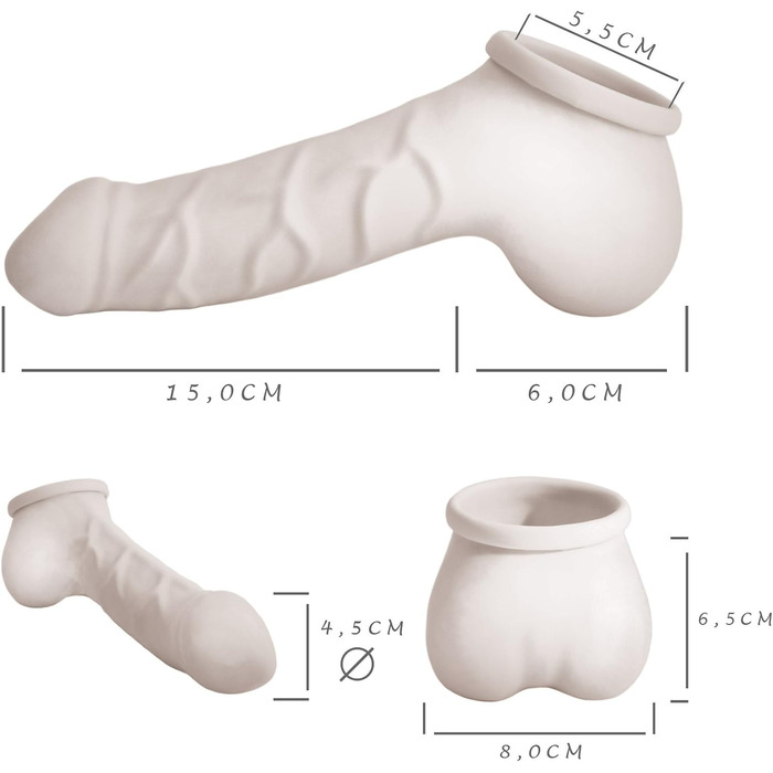 Чохол для статевого члена з латексу, чорний, 15 см - з великим мошонкою та вираженою головкою, MADE IN GERMANY