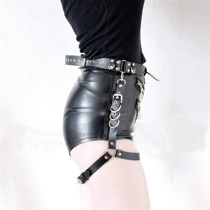 Жіноча тілоланцюжок з PU шкіри, регульований пояс, набір для ніг, кільце на стегнах, стильний ремінь, тісний пояс, тілоланцюжок, тісний пояс, ланцюжок для талії (чорний, універсальний розмір)