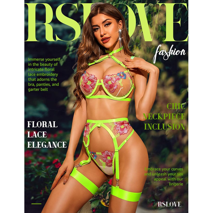 RSLOVE Комплекти нижньої білизни для жінок - Сексуальна спідня білизна з бретелями, мереживна піжама, комплект бюстгальтера та трусів з стрічкою (XL, Флуоресцентний зелений)