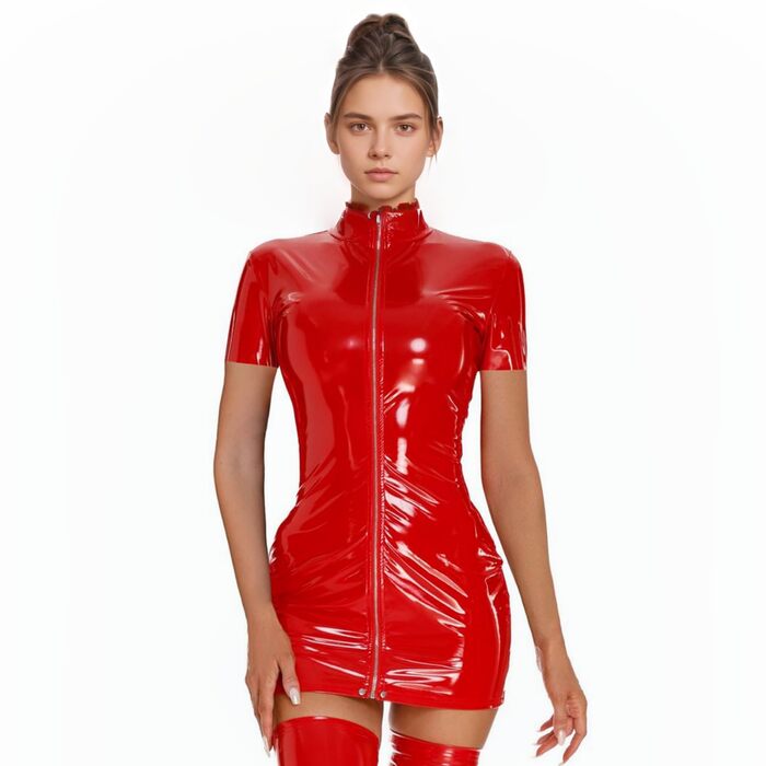 Міні-сукня з еластичної шкіри з блискавкою Wet Look, Babydoll, обтисла, з короткими рукавами, червона (L)