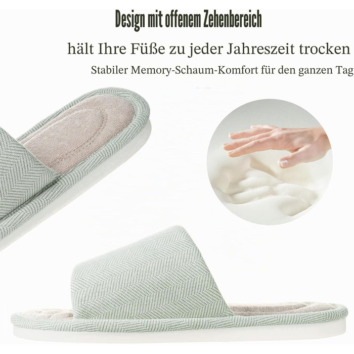 Унісекс домашні капці Dokela з ефектом пам'яті (Memory Foam), дихаючі бавовняні тапочки відкриті, протиковзкі, літні (розмір 35/36 EU, колір зелений)