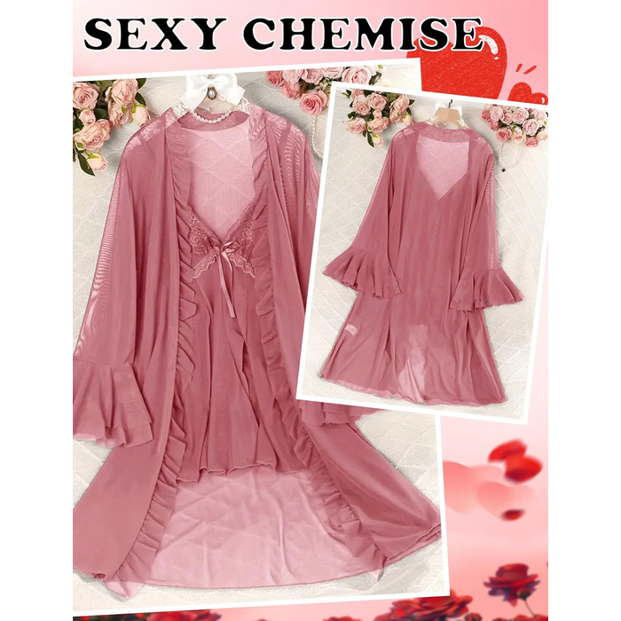 Комплект жіночої білизни AIEOE: мереживний халат-сорочка та нічна сорочка (рожевий, S)