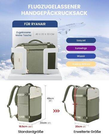 Дорожній рюкзак LOVEVOOK 50L для жінок, розширюваний рюкзак для ручної поклажі в літак, містка сумка для подорожей та бізнесу, Khaki (40x30x20см, 24-50Л)