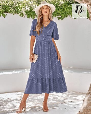 Сукня літня жіноча BebreezChic Boho-шик довга з V-поглибленням, висока талія, швейцарська сітка, квітковий принт, пляжна максі-сукня (XL, блакитно-фіолетова)