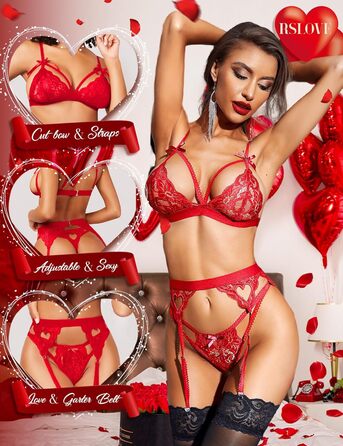 Комплект спідньої білизни RSLOVE для жінок: мереживний тіло, боді, 3 частини, червоний