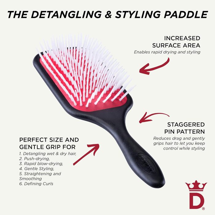 Щітка для волосся Denman D38 Paddle Brush для розплутування та стайлінгу вологого і сухого волосся (кучеряве, густе, пряме), чорна/червона/біла