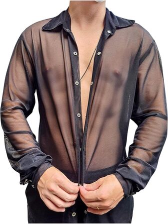 Чоловіча сорочка UNeedVog з прозорою тканини, чорна, з відкладним коміром, XL