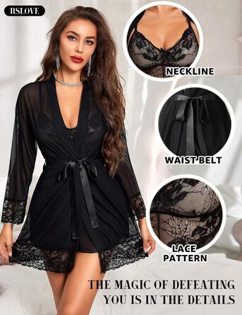 Комплект спідньої білизни RSLOVE: мереживний кімоно, бюстгальтер та труси (3 частини), чорний