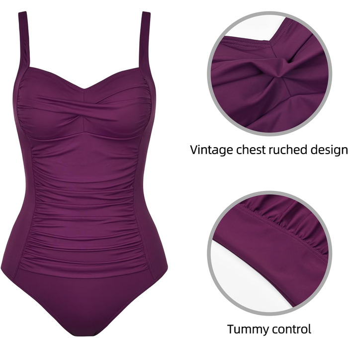 Купальник жіночий одноцільний з животом, квадратний виріз, пуш-ап, вінтажний, з рюшами, для схуднення, великі розміри, монокіні (38, V-фіолетовий)