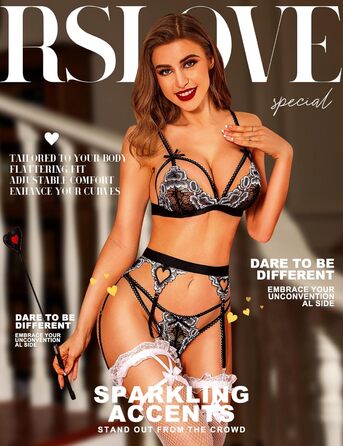 RSLOVE Daen Dessous Set - 3-частинний комплект спідньої білизни з мережива, тіло, боді, чорний, червоний (M, чорний Remix, срібло)