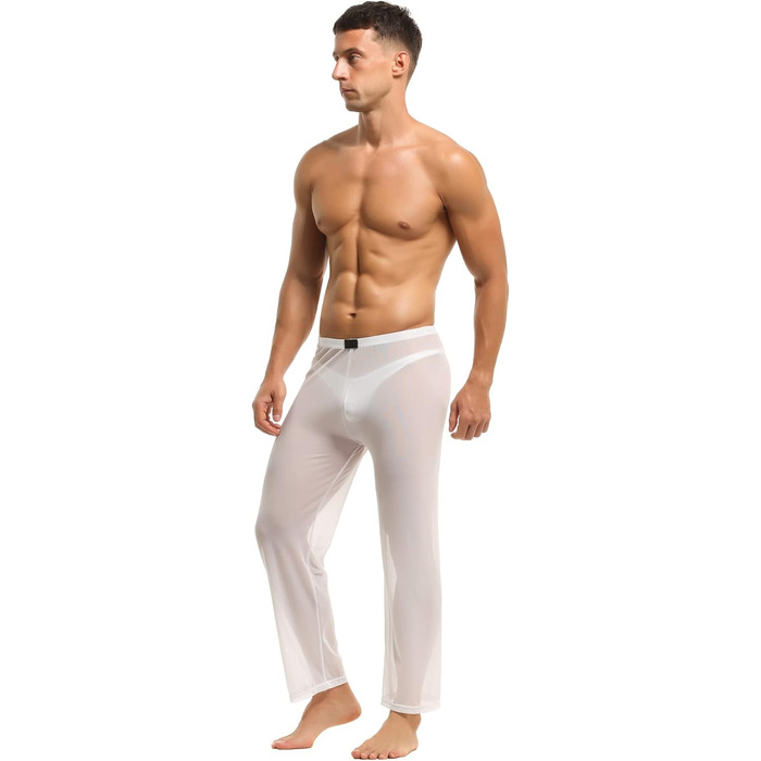 Чоловічі прозорі штани з мережива, нічна сорочка, спідня білизна, штани з нейлону, довгі прозорі штани, мереживні штани änner, штани з тонкої сітки, матеріал - тюль (M, білий)