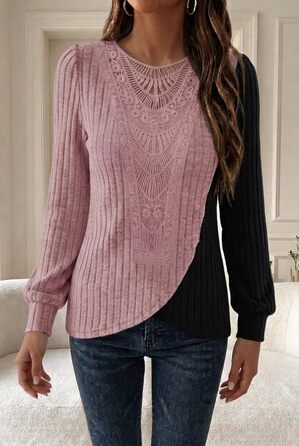 Елегантна жіноча блуза Chicrise Langarshirt з мереживною вишивкою та круглим вирізом, сіро-рожево-чорна, розмір XL