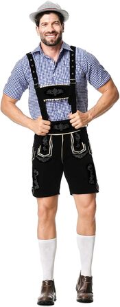 Традиційний костюм для чоловіків RUAOZIA: повний комплект Lederhose, сорочка в керамічну клітинку, для Октоберфесту та тематичних вечірок (чорний, L)