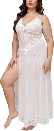 IBAKOM Ніжне мереживне нігліжє з V-подібним вирізом для жінок великих розмірів. Комплект спідньої білизни з G-стрінгом, піжама, сексуальна нічна сорочка, великий розмір (4XL, білий)