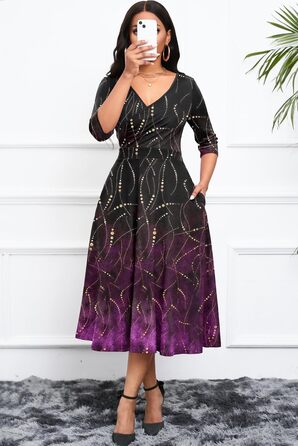 Сукня Noder Daenkleid вільного крою з запахом, чорна геометрична, A-силует, 3/4 рукав, для вечірки, коктейлю, весілля (XXL)