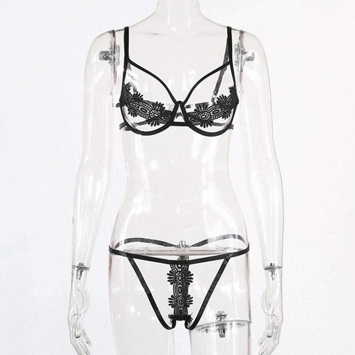 Сексуальний комплект нижньої білизни QQQQC для жінок: бюстгальтер, танга, піжама, чорний, розмір S