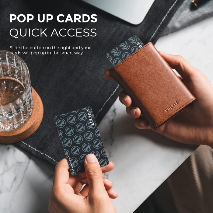 Шкіряний гаманець-картхолдер VULKIT з RFID-захистом, Pop-Up системою, відділенням для купюр та вікном для ID (Коричневий)