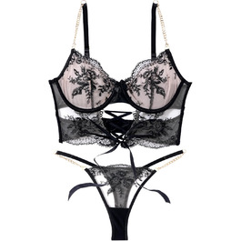 FEOYA Комплект бюстгальтера та трусиків push-up з мереживом та вишивкою, чорний, XL