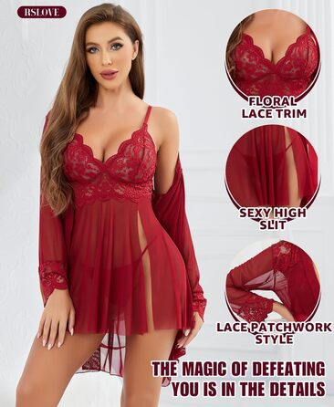 RSLOVE Сексуальний жіночий комплект нижньої білизни: мереживний халат, нігліж, боді з сітки, 3 шт. - Вишневий