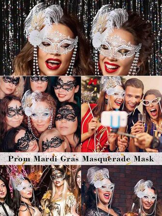 Маска для жінок IYOU, біла, з пір'ям та перловим намистом, для карнавалу, вечірки, балу