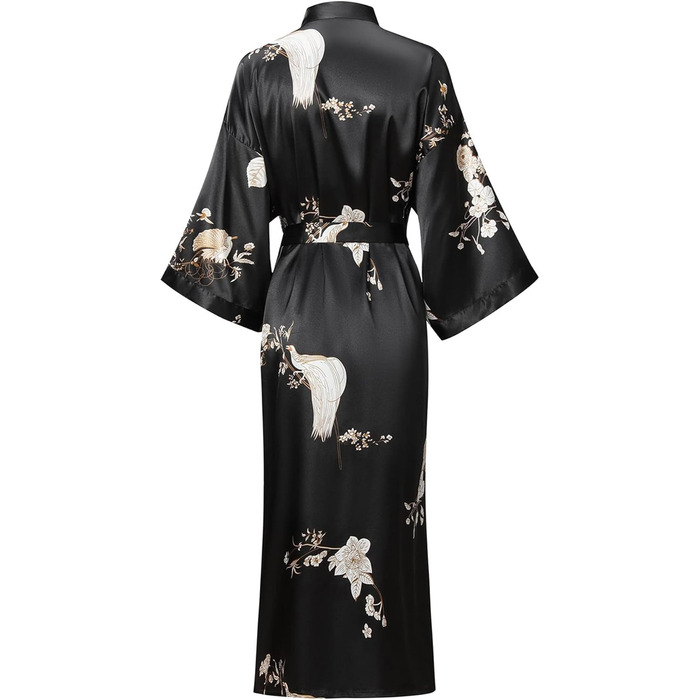 Жіночий халат з довгим рукавом з шовку, сатин, кімоно, квітковий принт, чорний, універсальний розмір