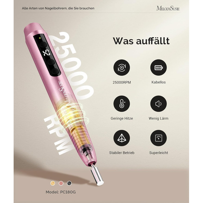 Апарат для манікюру та педикюру MelodySusie PC180G, бездротовий електричний нігтевий фрезер 25000 об/хв, професійний набір для нарощених нігтів з LED-дисплеєм (Rose)