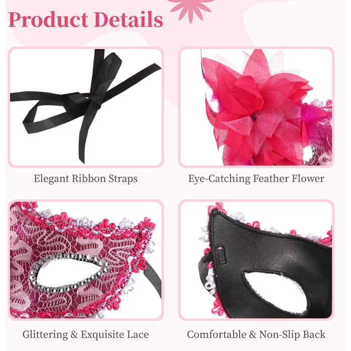 Набір масок для карнавалу 32 шт. з пір'ям та стразами, напівмаски для святкування, з стрічками