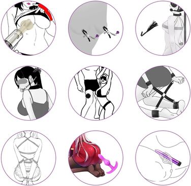 Набір для БДСМ-фетишу, 34 шт. (чорний та фіолетовий): кайдани, щипці для сосків, маска для очей, прічка. Ідеальний для початківців та досвідчених