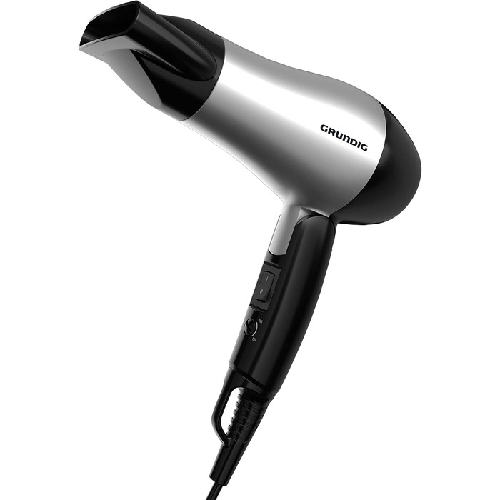 Компактний дорожній фен Grundig HD 2200 Sport & Reise, 1200 Вт, 2 режими температури та потоку повітря, складана ручка, сріблястий/чорний